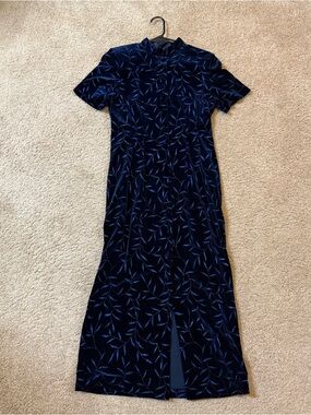 90s Navy Velvet Asian-Style Maxi Dress w/ Glitter Leaf Motif, Slit, & Buttons